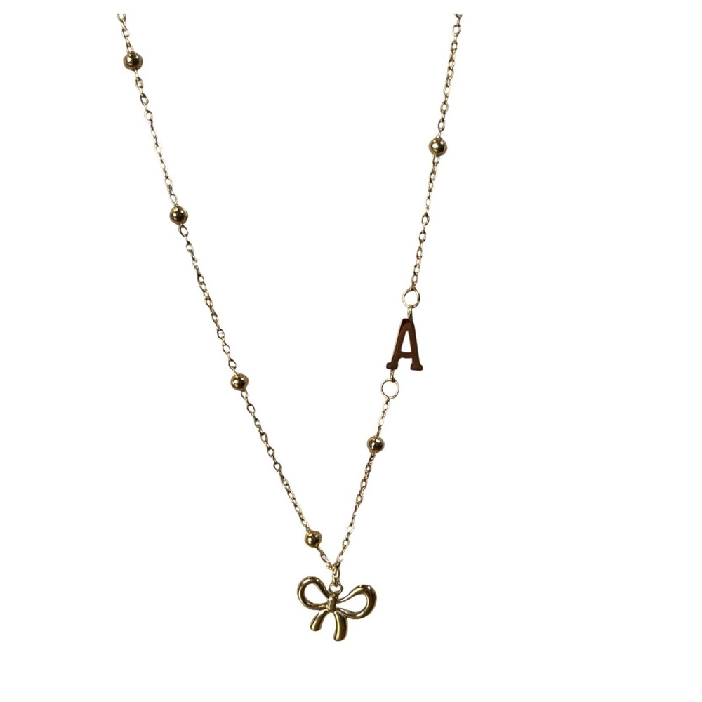 Gold Tone Bow Initial A Necklace Beaded Chain Adjustable Clasp Feminine New‎